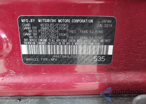 2020 Mitsubishi Eclipse Cross Es 1.5T Awc from USA, damaged, VIN JA4AT3AA9LZ002229